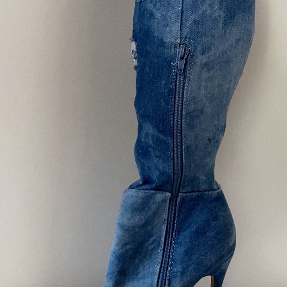 Blue Denim Knee High Peep Toe Boots Party Club Streetwear Festival - Picture 10 of 14